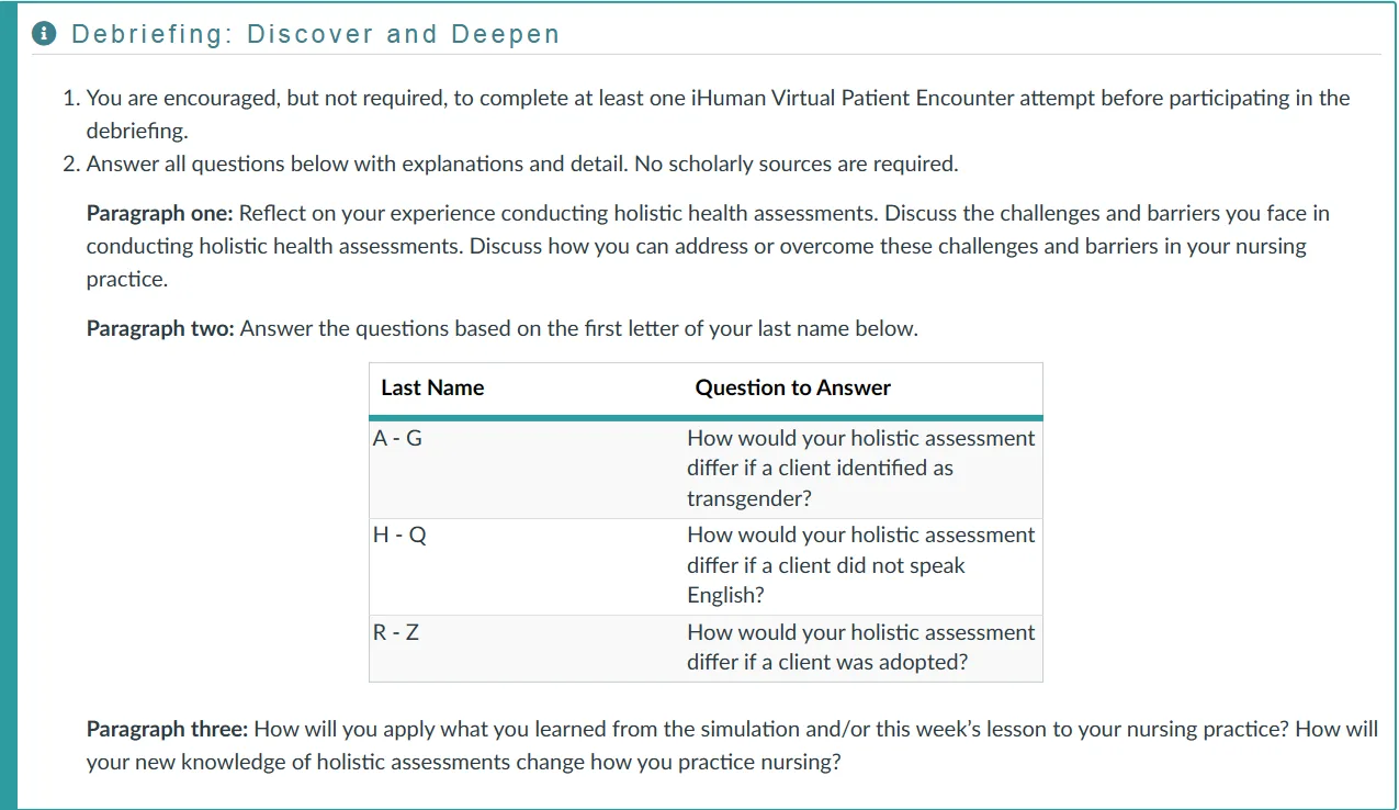 NR305 Week 2 Week 2 Debriefing: Shane Peterson i-Human Virtual Patient Encounter