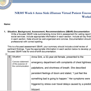 NR305 Week 6 Assignment: Anna Sink iHuman Virtual Patient Encounter Case