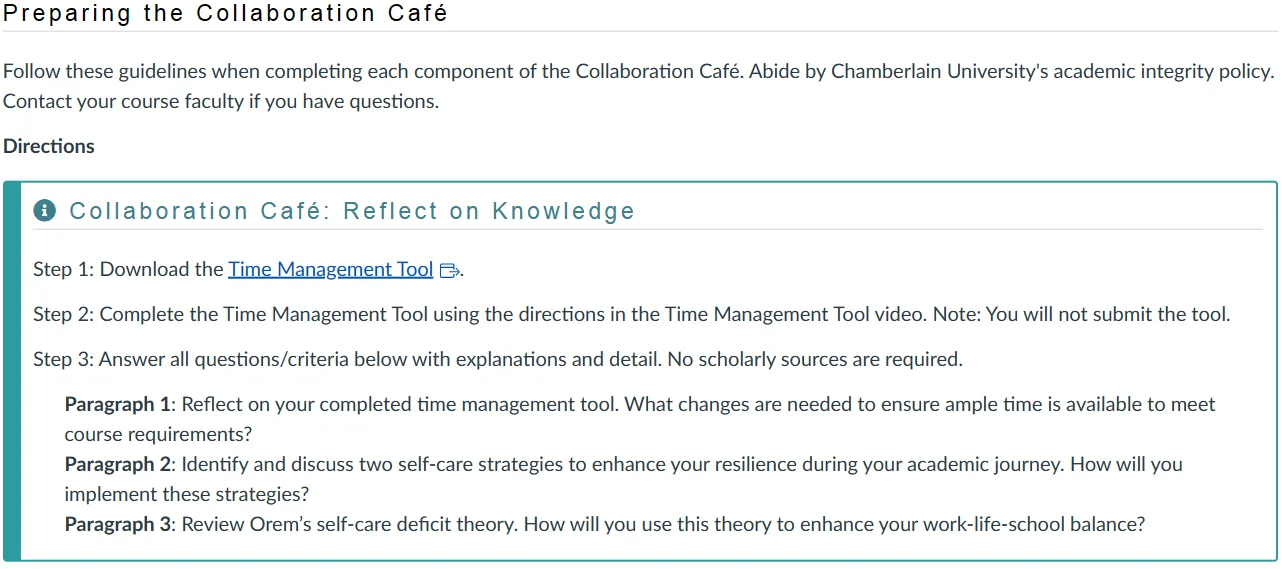 NR351 Week 1 Collaboration Café: Time Management as an Online Student