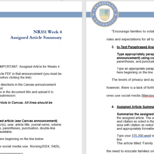 NR351 Week 4 Assignment: Assigned Article Summary