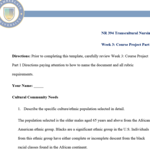NR394 Week 3 Assignment: Course Project Part 1 Selection of Topic