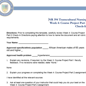 NR394 Week 4 Assignment: Check-In: Course Project Part 2