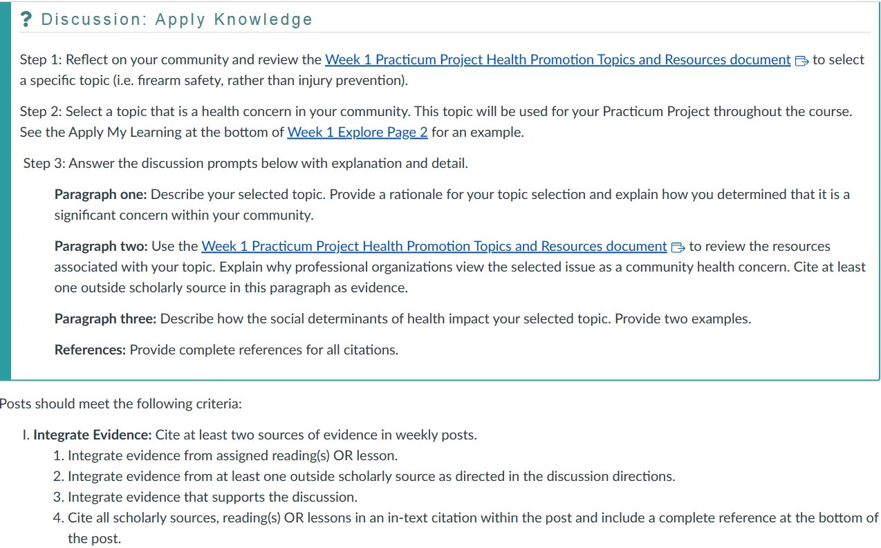 NR436 Week 1 Practicum Project Discussion: Selection of Health Promotion Practicum Topic