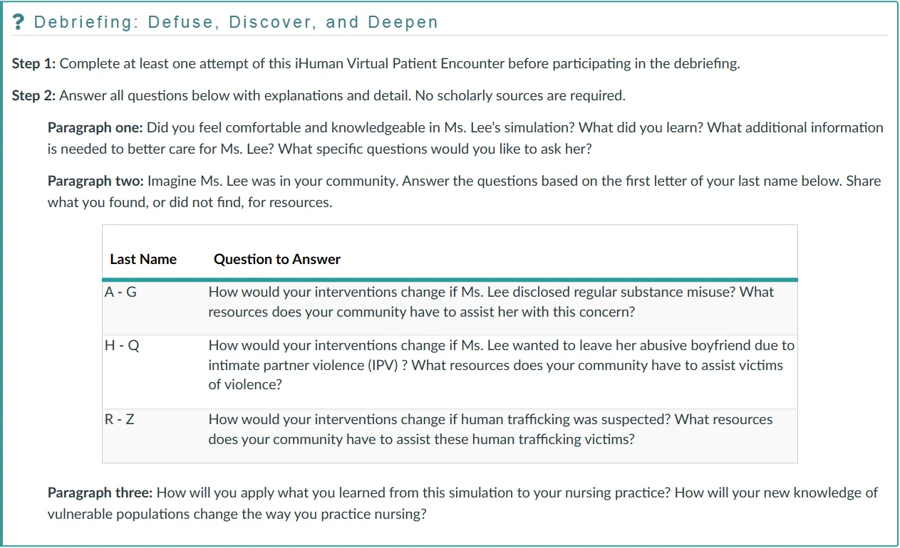 NR436 Week 5 Discussion: iHuman Virtual Patient Encounter Debriefing