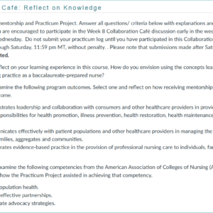 NR436 Week 8 Practicum Project Collaboration Café: Evaluation of Mentorship and Project