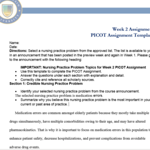 NR439 Week 2 Assignment: PICOT Question