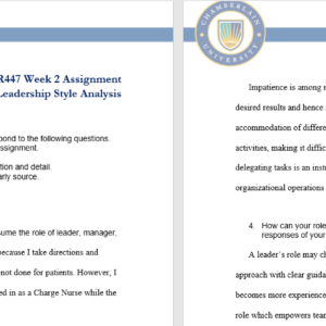 NR447 Week 2 Assignment: Leadership Style Analysis