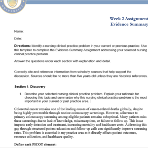 NR451 Week 2 Assignment: Evidence Summary