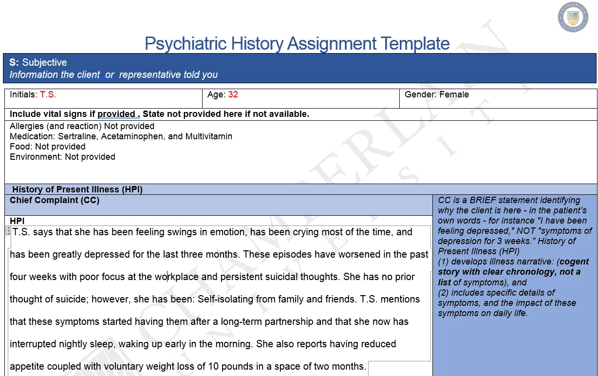 NR548 Week 4: Psychiatric History Assignment Video and Documentation