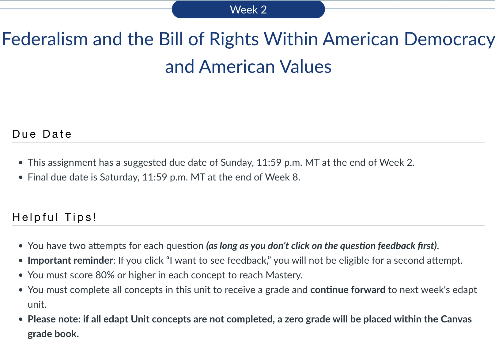 POLI330N Week 2 Edapt Assignment: Federalism and the Bill of Rights Within American Democracy and American Values