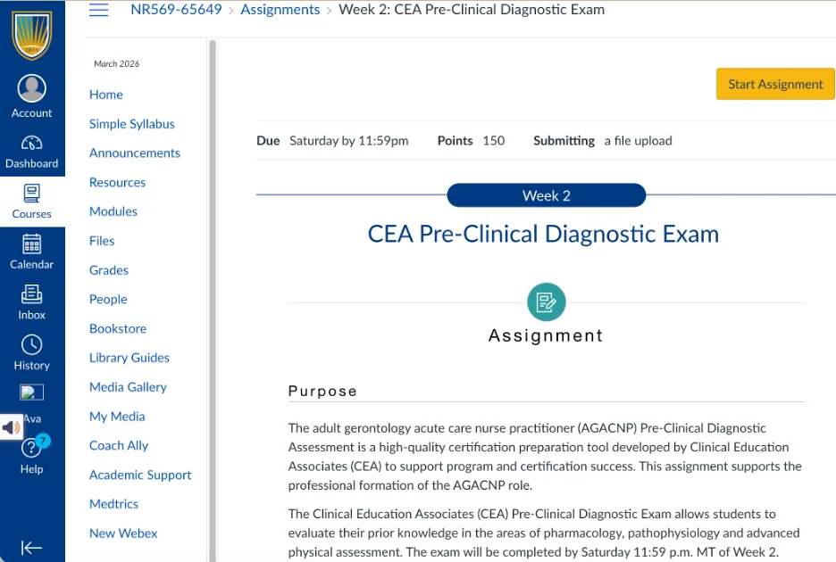 NR569 Week 2 CEA Pre-Clinical Diagnostic Exam